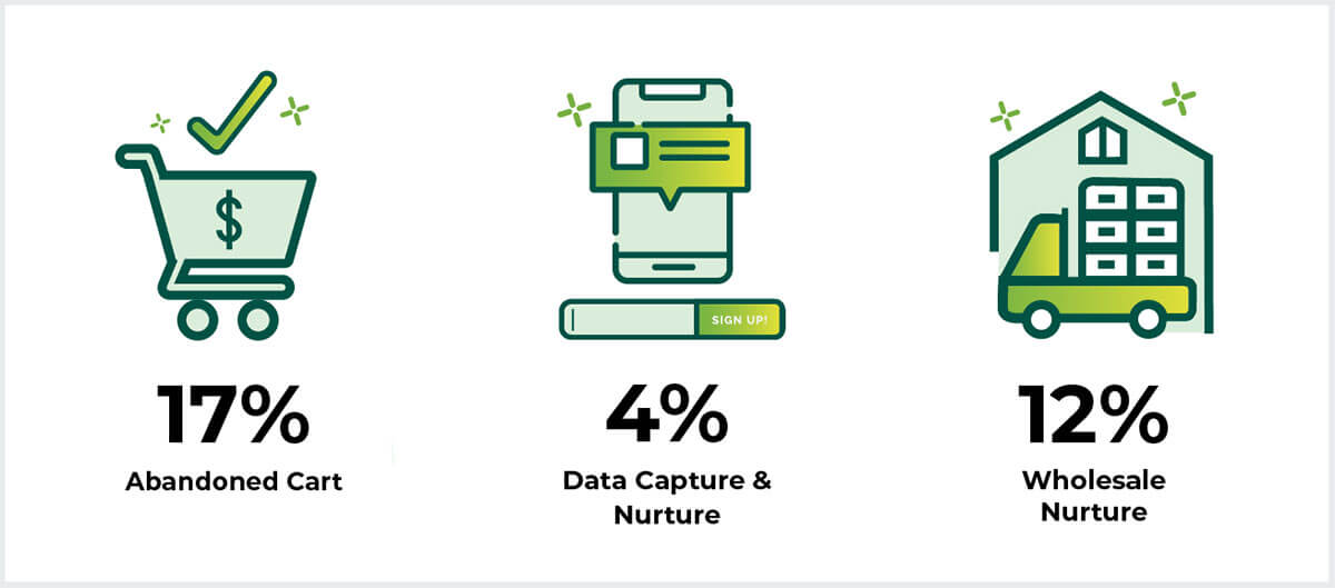 Abandoned cart – 17% Data Capture & Nurture – 4% Wholesale Nurture – 12%